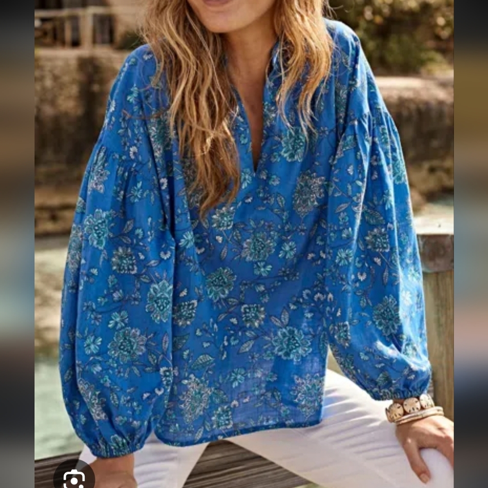 J. Jill Blue Floral Cotton Oversized Blouse Size XS
